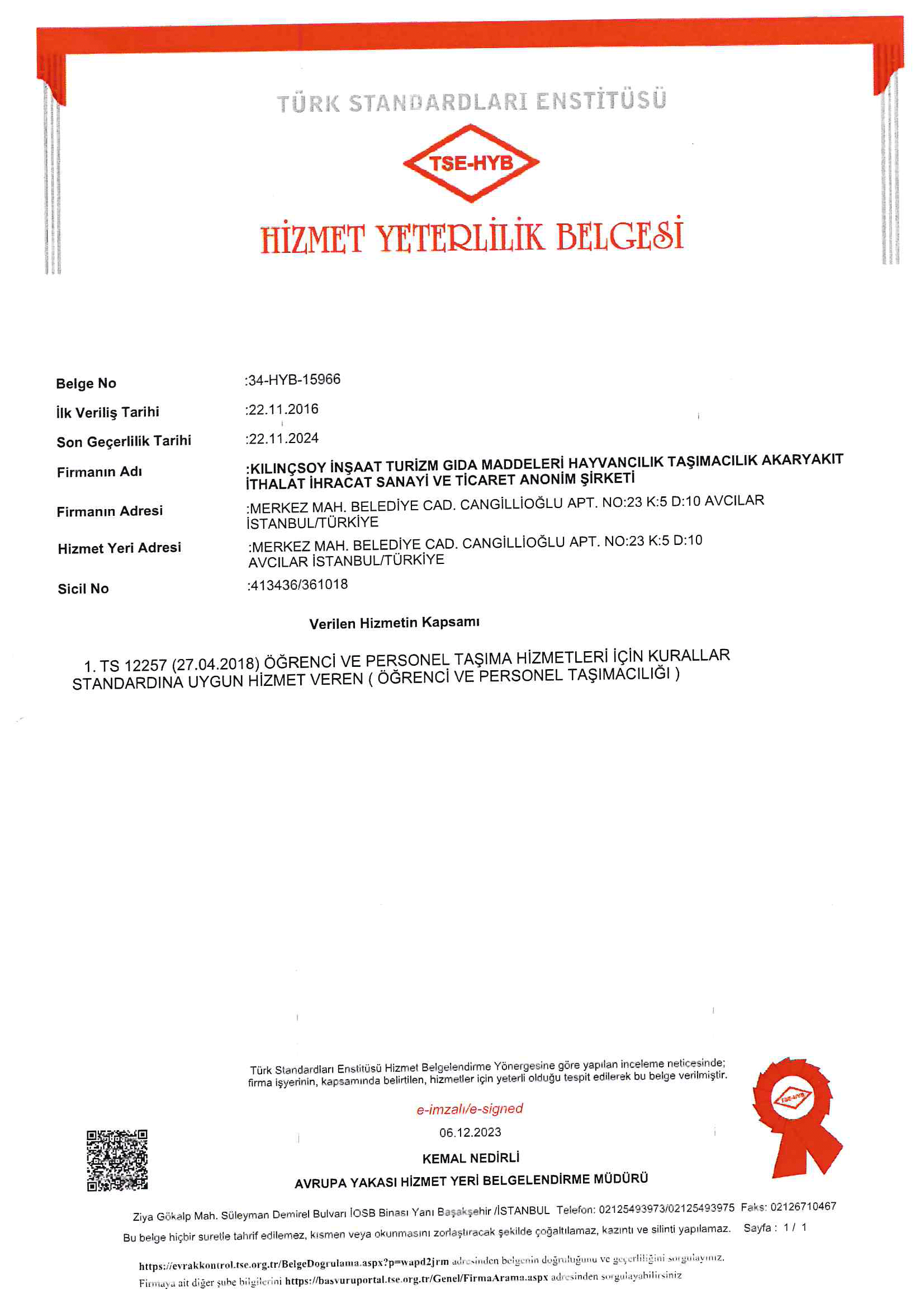 Hizmet Yeterlilik Belgesi