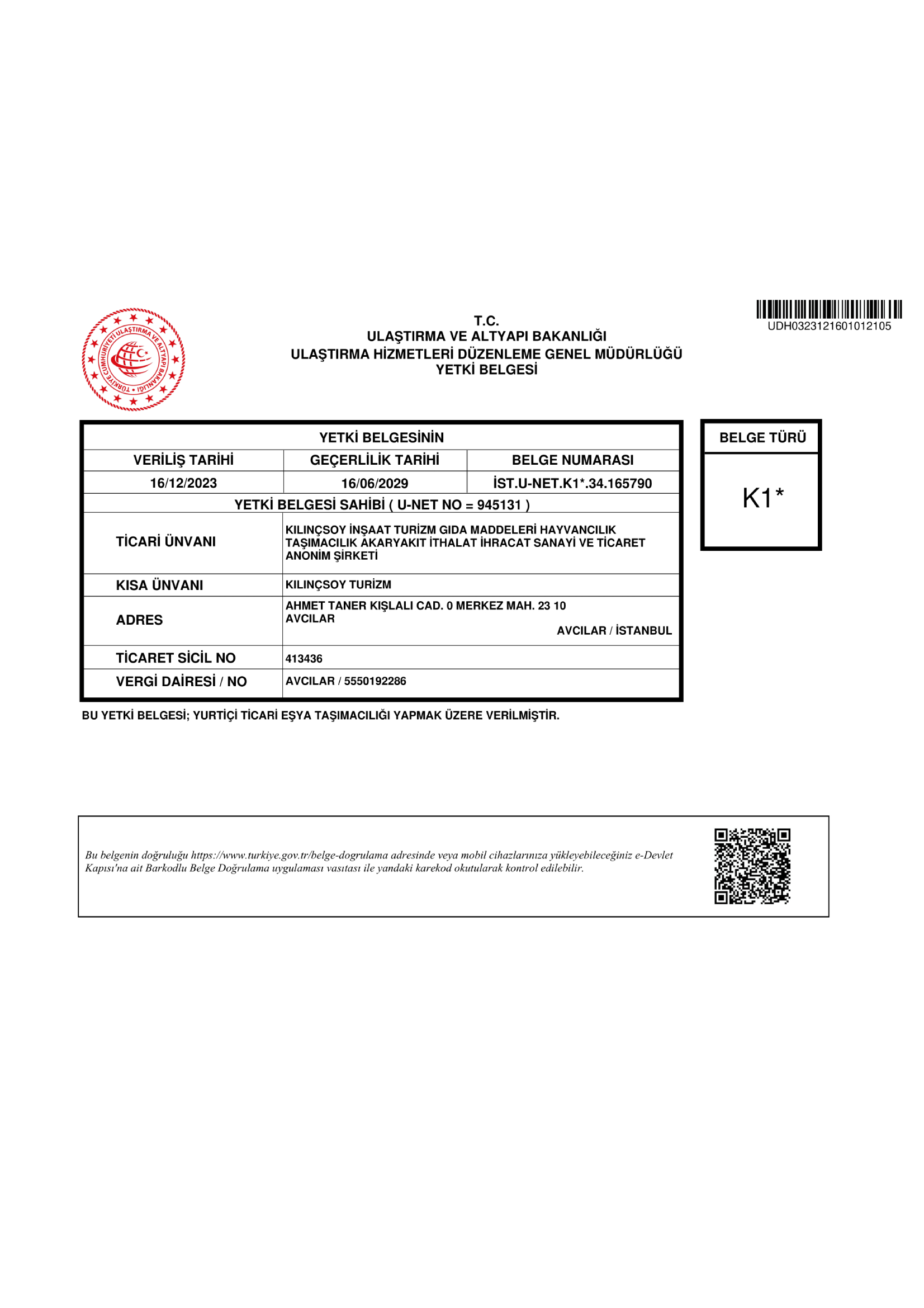 Karayolu Düzenleme Genel Müdürlüğü Yetki Belgesi K1