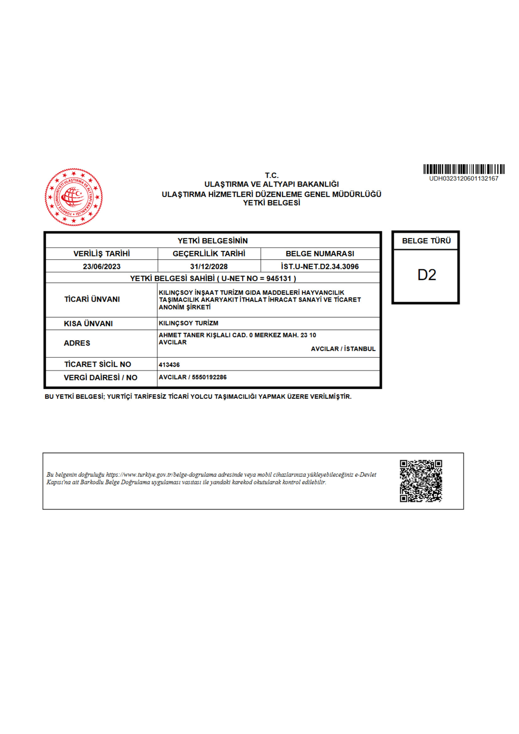 Karayolu Düzenleme Genel Müdürlüğü Yetki Belgesi D2